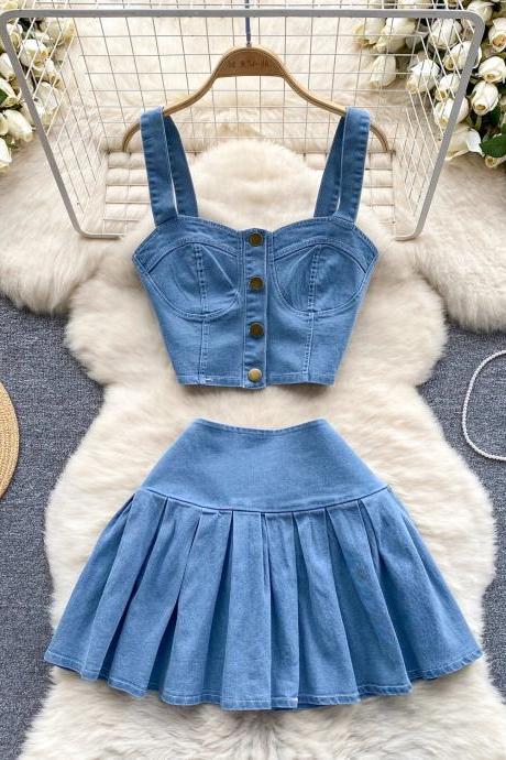 Womens Denim Crop Top And Pleated Skirt Set