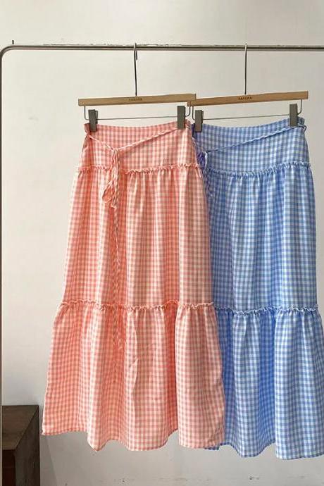 Womens Cotton Gingham Tiered Midi Skirt With Drawstring