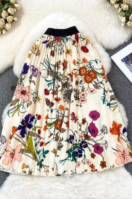 Womens Bohemian Floral Print Pleated Midi Skirt