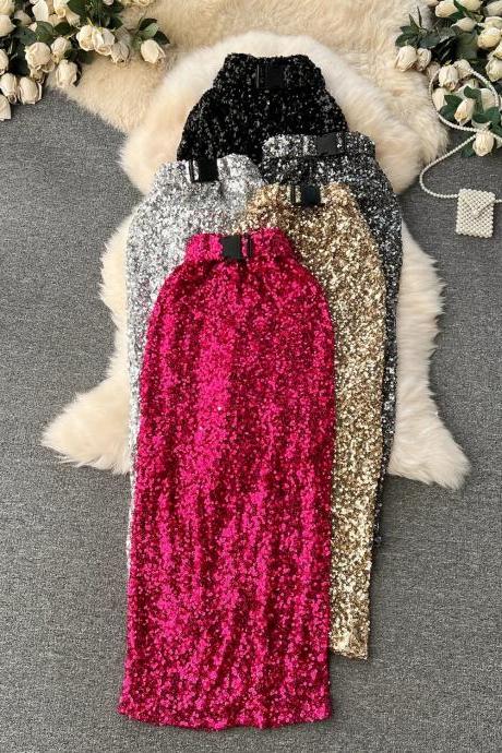 Womens Sparkling Sequin Bow Belt Maxi Skirts