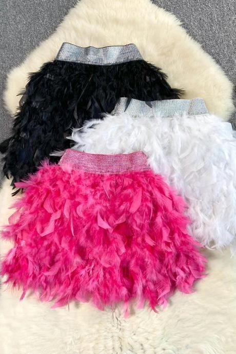 Womens Fluffy Feather Skirts In Black White Pink
