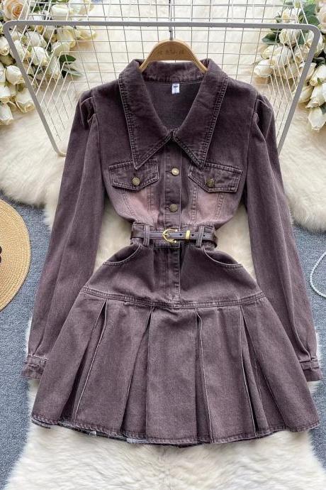 Womens Vintage-inspired Belted Corduroy Shirt Dress