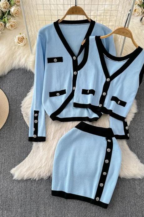 Womens Light Blue Contrast Trim Knit Cardigan Set