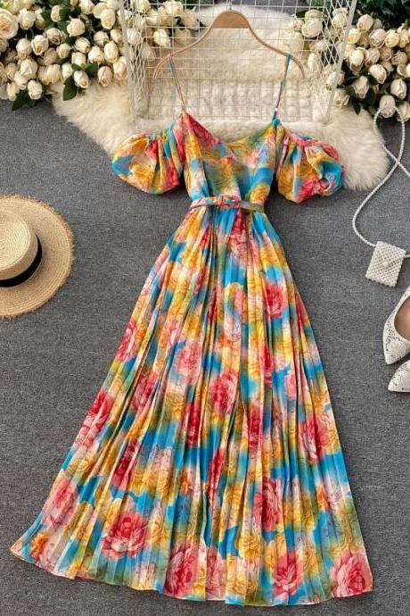 Bohemian Floral Print Maxi Dress With Puff Sleeves