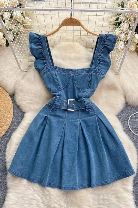 Womens Vintage-inspired Denim Belted Pinafore Dress