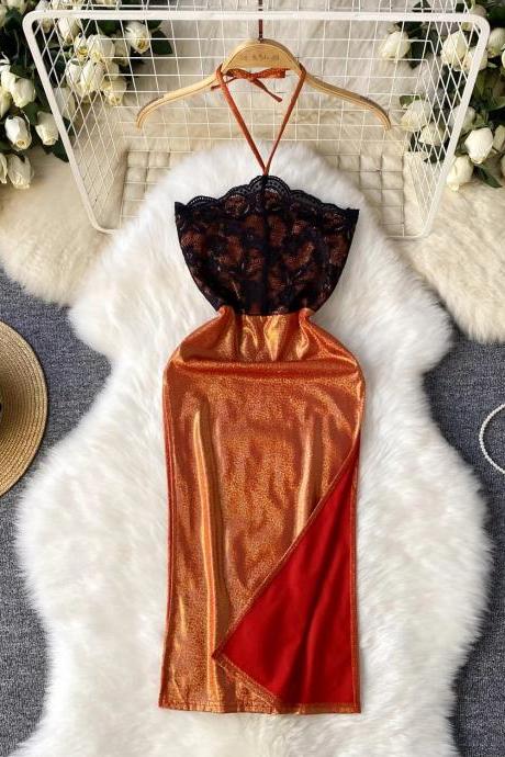 Elegant Lace Top Satin Slip Dress With Contrast Hem