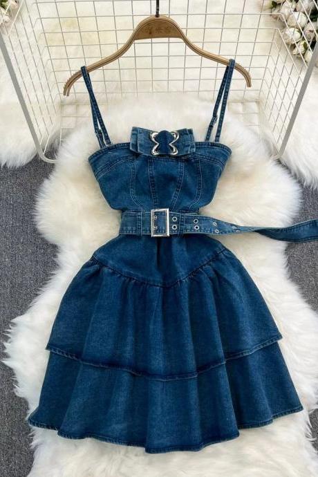 Womens Denim Tiered Skirt Dress With Buckle Accents