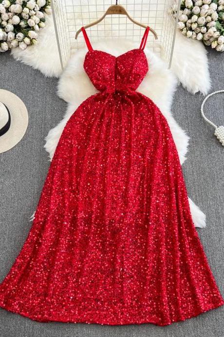 Elegant Red Sequin Evening Gown With Spaghetti Straps