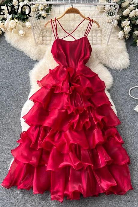 Elegant Ruby Red Silk Ruffled Evening Gown Dress