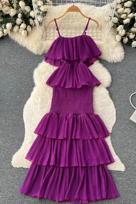 Womens Layered Ruffle Pleated Purple Summer Dress