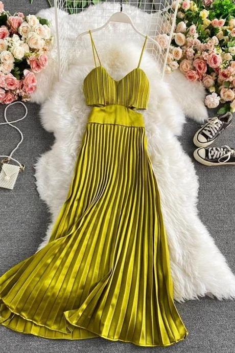 Elegant Olive Green Pleated Satin Maxi Dress For Women