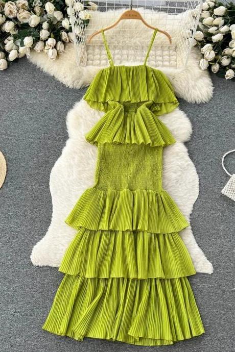 Womens Tiered Ruffle Pleated Summer Cocktail Dress Green