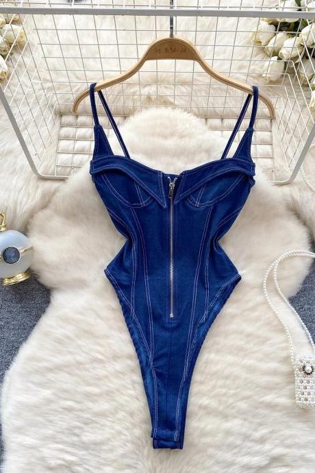 Elegant Navy Blue Zippered One-piece Swimsuit Womens