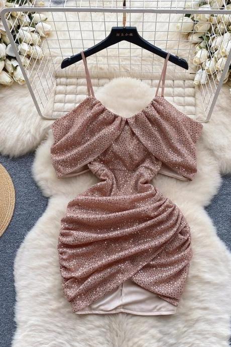 Elegant Glitter Ruched Mini Dress With Puff Sleeves
