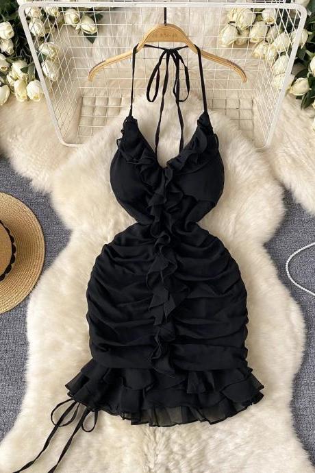 Elegant Black Halter Neck Ruffle Cocktail Dress