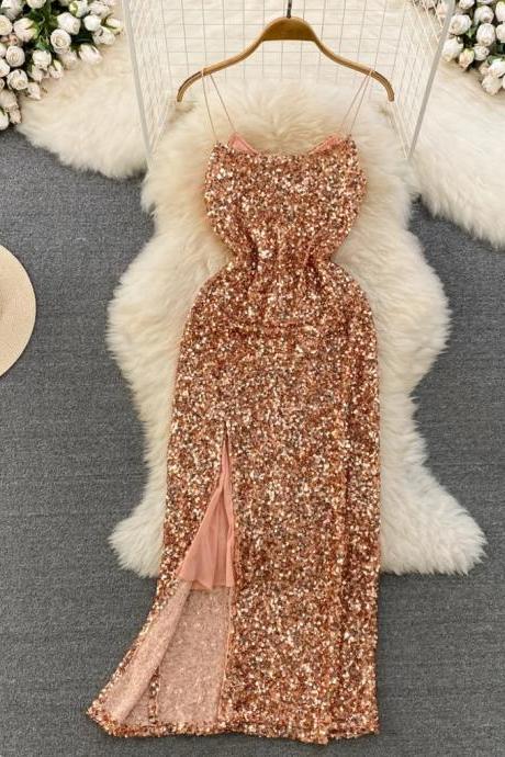 Elegant Rose Gold Sequin Gown With Thigh-high Slit
