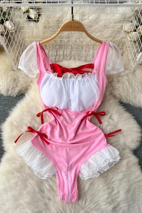 Womens Pink Ruffle Trim Bodysuit With Satin Bows