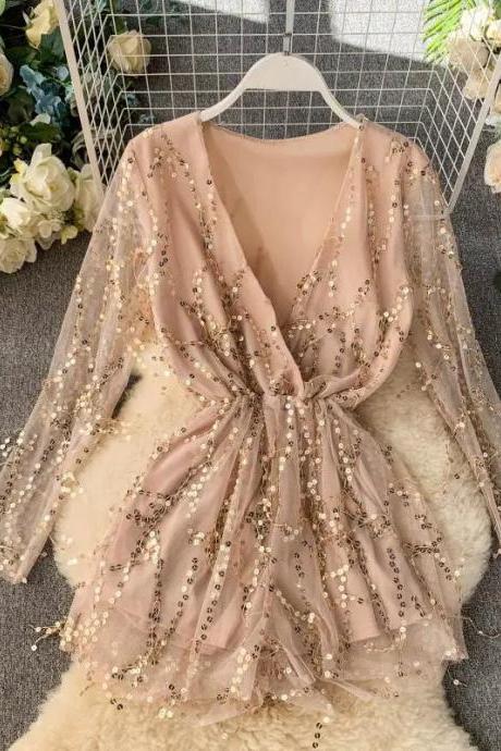 Elegant Beaded Chiffon Wrap Dress With Long Sleeves