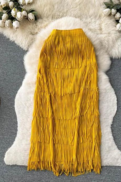Bohemian Mustard Yellow Fringe Pleated Maxi Skirt