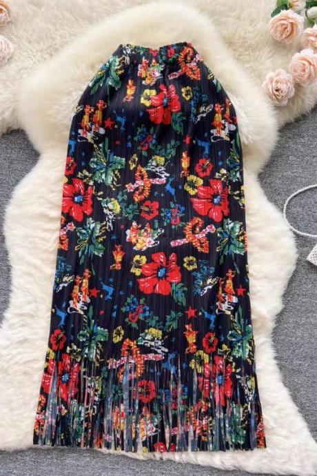 Womens Floral Print Pleated Strapless Maxi Dress Summer