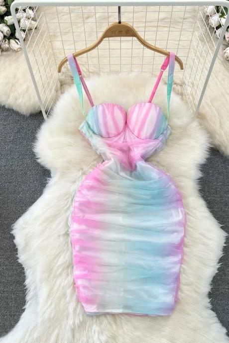 Womens Summer Tie-dye Padded Mini Dress Swimwear