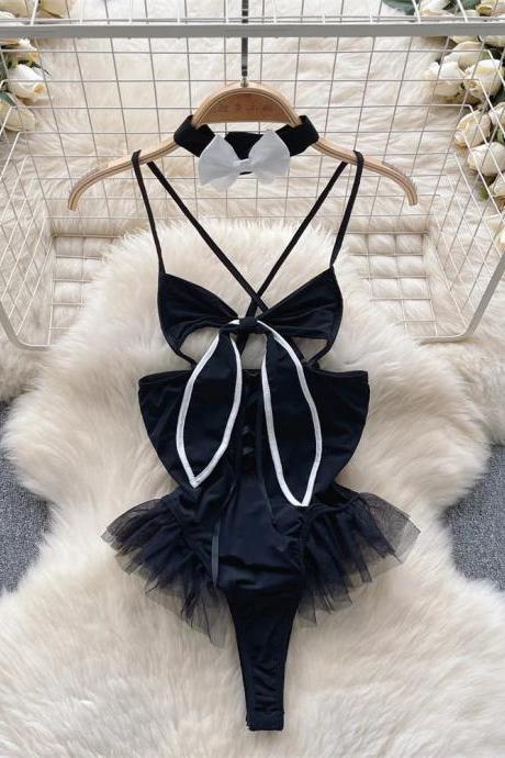 Elegant Black Satin Tulle Bow Tie Bodysuit Lingerie
