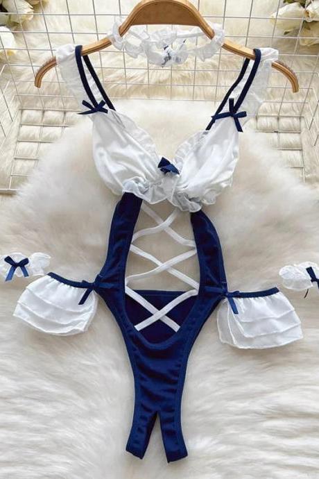 Womens Navy Blue And White Lace-up Swimwear Bodysuit