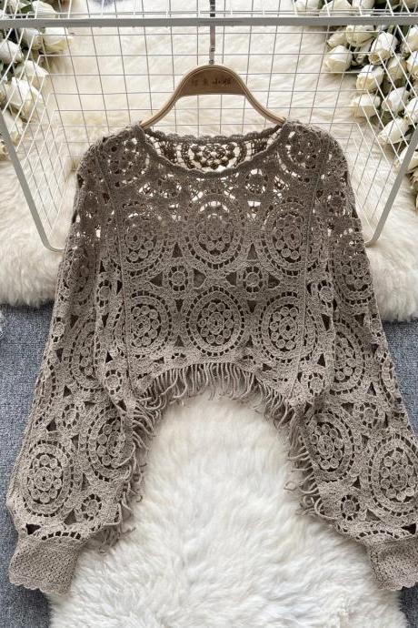 Bohemian Crochet Lace Fringe Hem Pullover Sweater Top