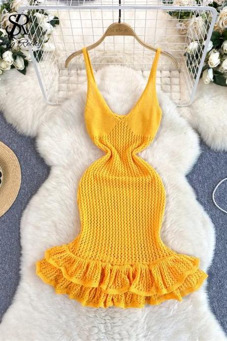 Womens Yellow Halter Neck Crochet Summer Dress