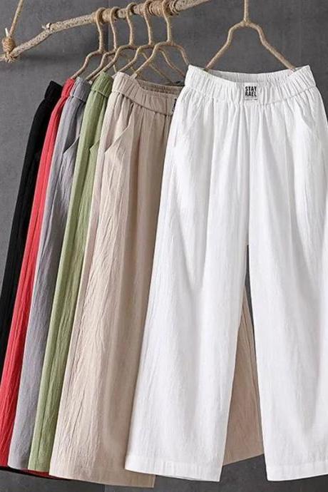 Casual Elastic Waist Solid Color Linen Wide-leg Pants