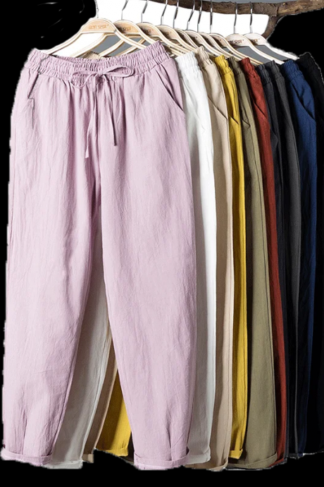 Casual Elastic Waist Solid Color Cotton Pants