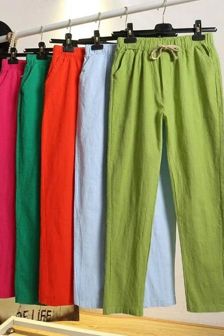 Unisex Casual Linen Drawstring Pants Solid Color Selection