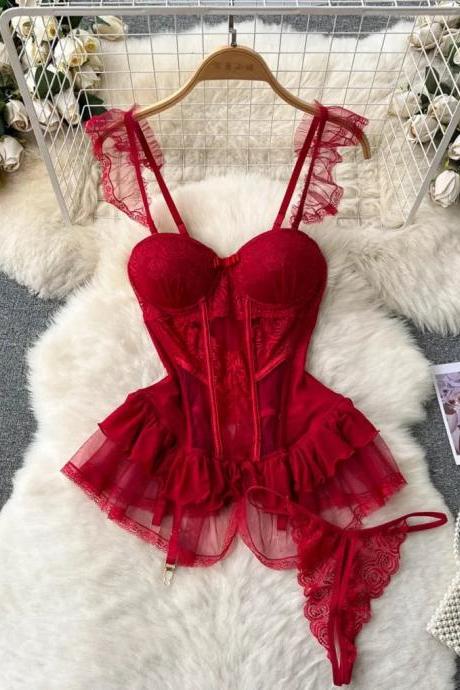 Womens Red Lace Corset Top With Ruffle Detail