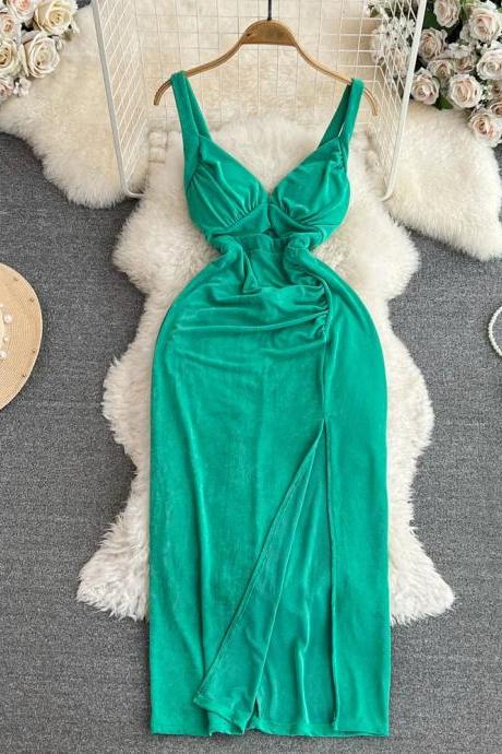 Elegant Emerald Green Satin Slip Evening Dress