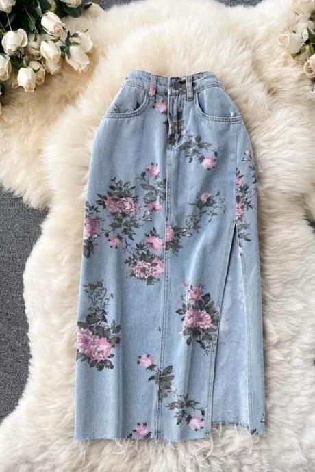 Womens Floral Print Denim Long Skirt With Frayed Hem