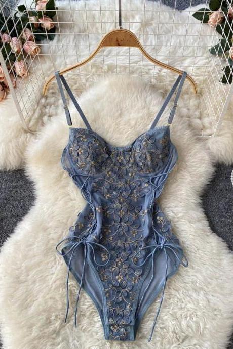 Elegant Embroidered Lace-up Satin Bodysuit Lingerie Blue