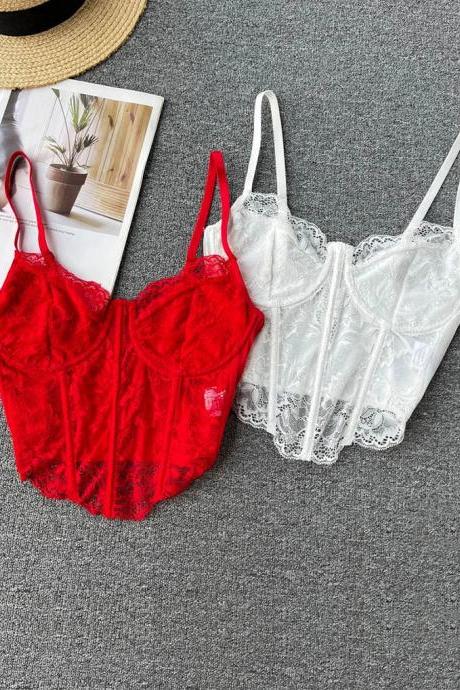 Womens Lace Trim Bodysuit Lingerie In Red And White