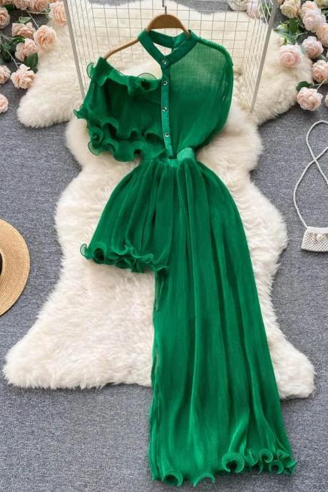 Elegant Green Chiffon Ruffle Collar Maxi Dress Women