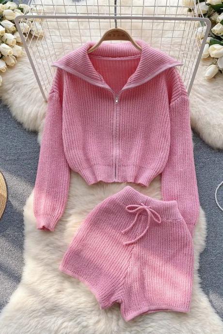 Womens Pink Knitted Hoodie And Shorts Set Casual