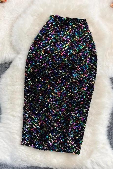 Womens High-waisted Sequined Pencil Skirt For Evening