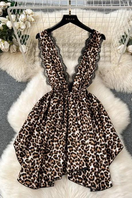 Womens Lace-trimmed Leopard Print Summer Romper Dress