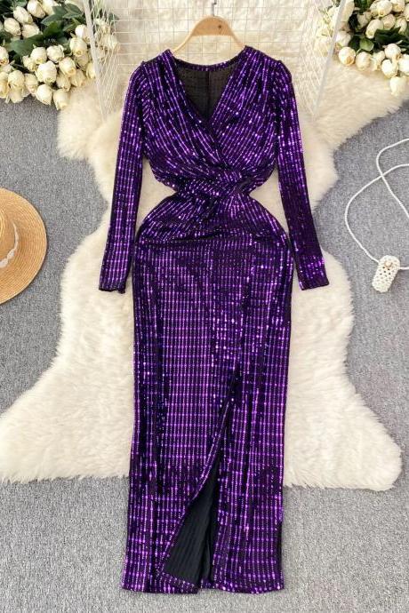 Elegant Purple Sequined Long-sleeve V-neck Jumpsuit