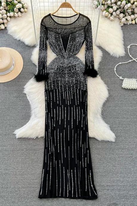 Elegant Long Sleeve Sequin Gown With Faux Fur Cuffs