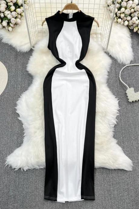 Elegant Sleeveless Black And White Bodycon Dress