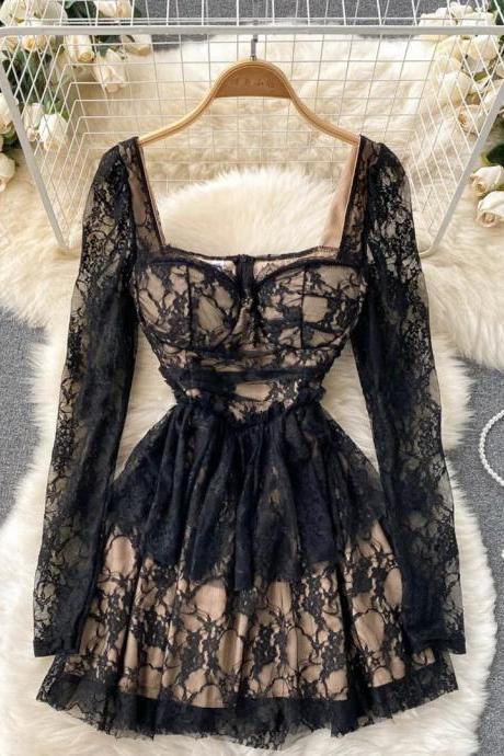 Elegant Long Sleeve Black Lace Cocktail Dress