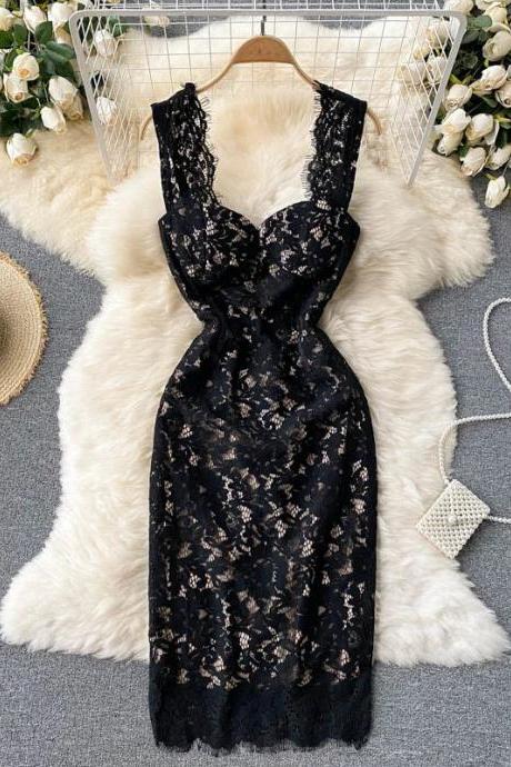 Elegant Floral Lace Sleeveless V-neck Midi Dress