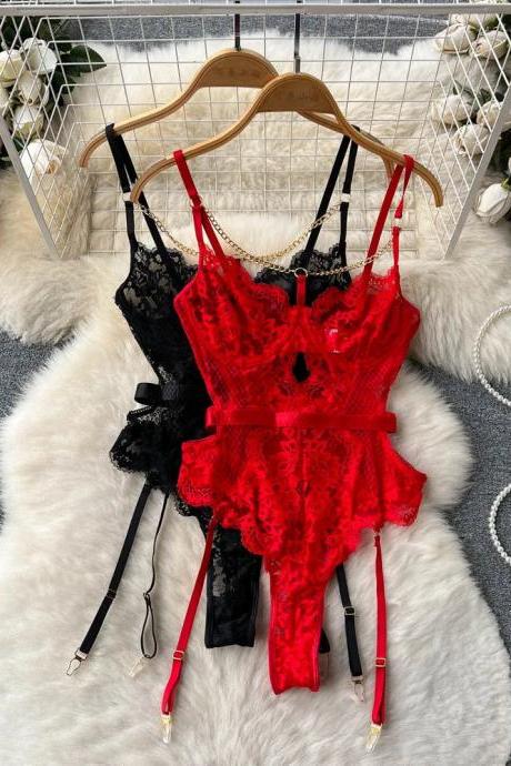 Sensual Lace Bodysuit With Garters In Red And Black