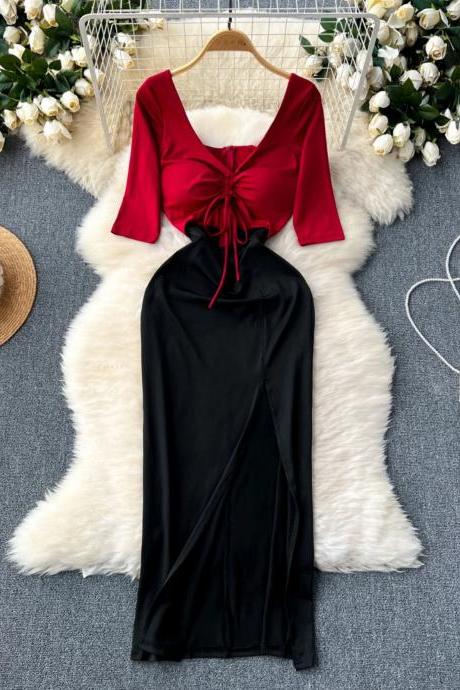 Elegant Red Crop Top And Black Wrap Skirt Set