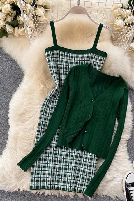 Womens Green Plaid Dress With Ribbed Knit Cardigan