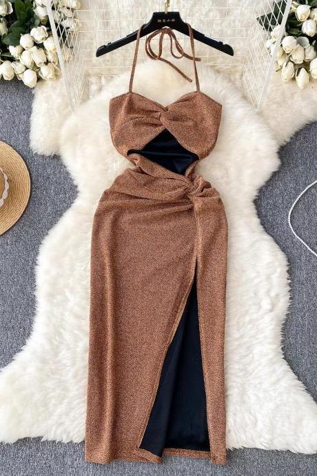 Womens Elegant Bow Front Glitter Split Maxi Dress